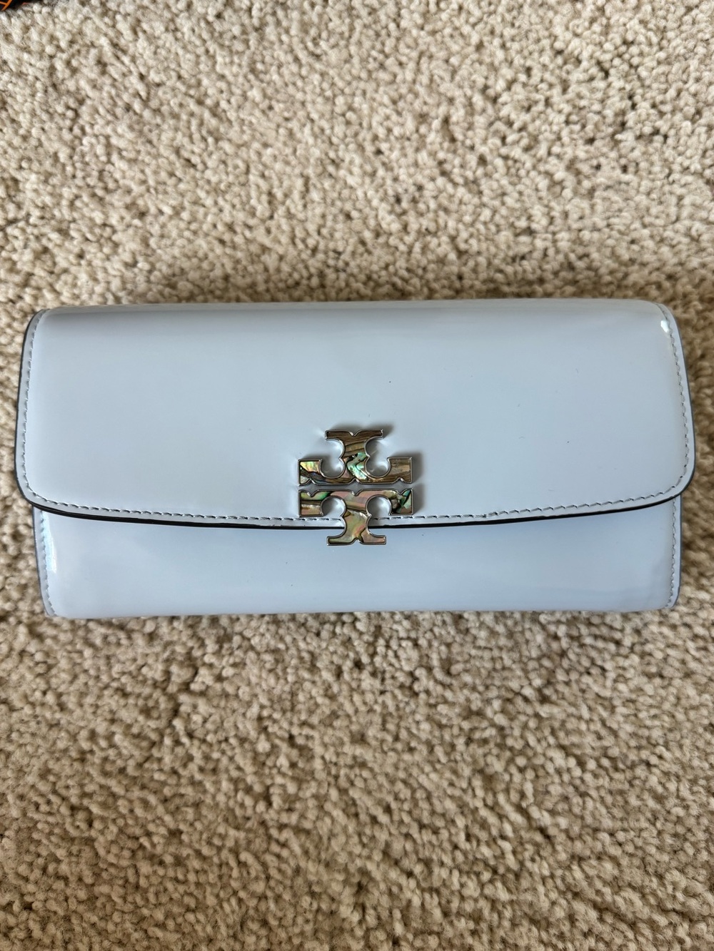 Tory Burch Pale Blue Leather Wallet with Abalone Logo
